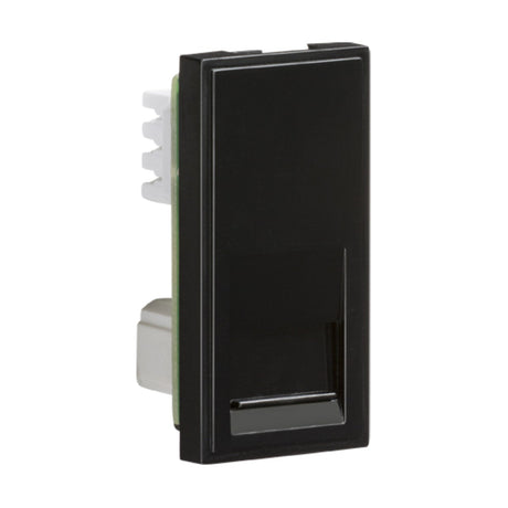 A Telephone Secondary Outlet Module, measuring 25 x 50mm (IDC) in black, boasts a rectangular design with a glossy finish and white connectors extending from the back. This euro-module faceplate is intended for vertical orientation, providing both modern aesthetics and efficient connectivity.