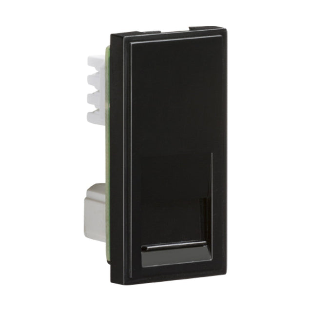 A Telephone Secondary Outlet Module, measuring 25 x 50mm (IDC) in black, boasts a rectangular design with a glossy finish and white connectors extending from the back. This euro-module faceplate is intended for vertical orientation, providing both modern aesthetics and efficient connectivity.