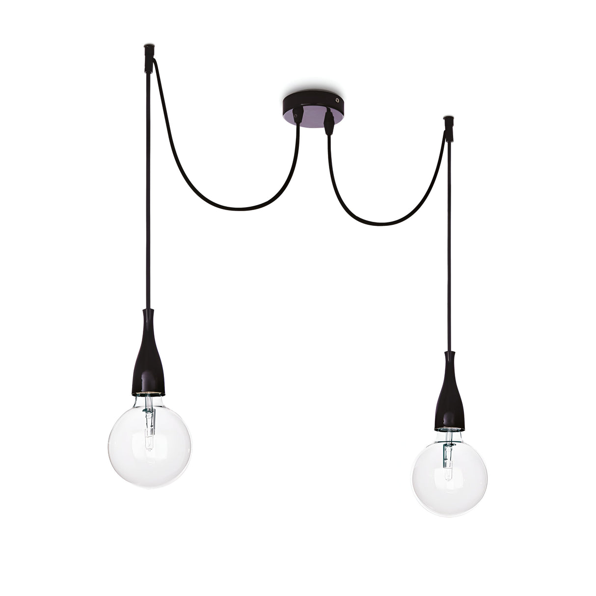 The Auburn 2 Light Pendant - Black is a modern industrial light fixture featuring two exposed bulbs, each hanging from adjustable cords. Its matte black finish elevates the design with a gracefully curved ceiling mount and sleek black bulb holders.