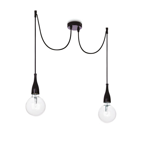 The Auburn 2 Light Pendant - Black is a modern industrial light fixture featuring two exposed bulbs, each hanging from adjustable cords. Its matte black finish elevates the design with a gracefully curved ceiling mount and sleek black bulb holders.