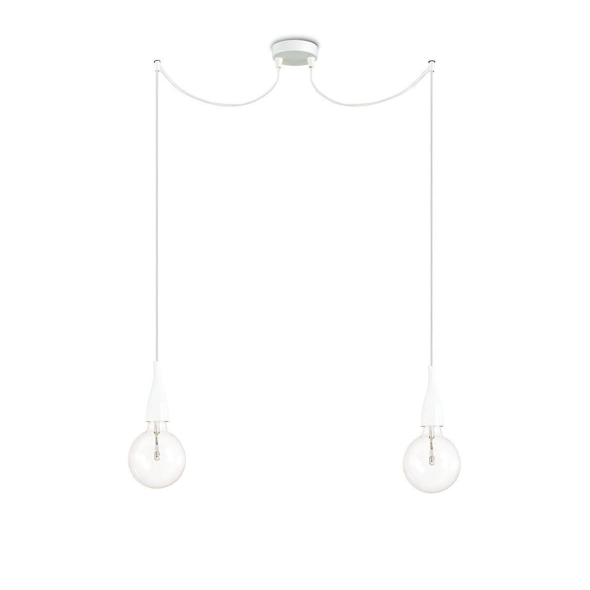 Introducing the Auburn 2 Light Pendant - White, a minimalist modern light fixture featuring two clear bulbs elegantly suspended by white cords from a circular ceiling mount. The gently curved cords between the bulbs enhance the simple and elegant design, while dimmable lighting provides versatile ambiance.