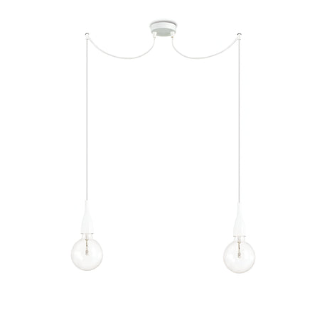 Introducing the Auburn 2 Light Pendant - White, a minimalist modern light fixture featuring two clear bulbs elegantly suspended by white cords from a circular ceiling mount. The gently curved cords between the bulbs enhance the simple and elegant design, while dimmable lighting provides versatile ambiance.