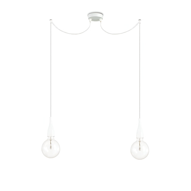 Introducing the Auburn 2 Light Pendant - White, a minimalist modern light fixture featuring two clear bulbs elegantly suspended by white cords from a circular ceiling mount. The gently curved cords between the bulbs enhance the simple and elegant design, while dimmable lighting provides versatile ambiance.