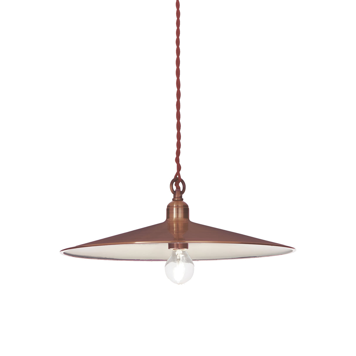 The Sienna 1 Light Pendant - Copper showcases an industrial design with a wide, flat circular shade and an exposed bulb, suspended from a twisted red cord. It offers an adjustable hanging height, ensuring versatile placement.