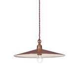 The Sienna 1 Light Pendant - Copper showcases an industrial design with a wide, flat circular shade and an exposed bulb, suspended from a twisted red cord. It offers an adjustable hanging height, ensuring versatile placement.