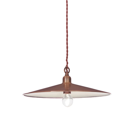 The Sienna 1 Light Pendant - Copper showcases an industrial design with a wide, flat circular shade and an exposed bulb, suspended from a twisted red cord. It offers an adjustable hanging height, ensuring versatile placement.