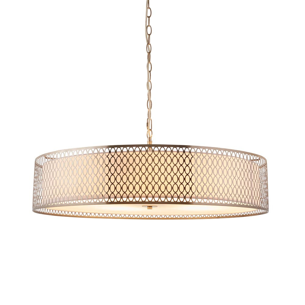 Rosaline 5-light pendant in nickel and white with a large drum shade featuring geometric fretwork, fabric inner lining, and frosted glass diffuser.