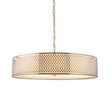 Rosaline 5-light pendant in nickel and white with a large drum shade featuring geometric fretwork, fabric inner lining, and frosted glass diffuser.