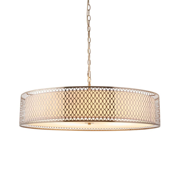 Rosaline 5-light pendant in nickel and white with a large drum shade featuring geometric fretwork, fabric inner lining, and frosted glass diffuser.