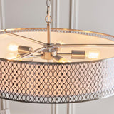 Rosaline 5-Light Pendant in nickel, showing five exposed E27 bulbs on nickel arms inside a white fretwork-patterned fabric shade.