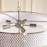 Rosaline 5 Light Pendant in nickel and white, close-up of the central hub with five E27 bulbs, metal arms, and fretwork drum shade.