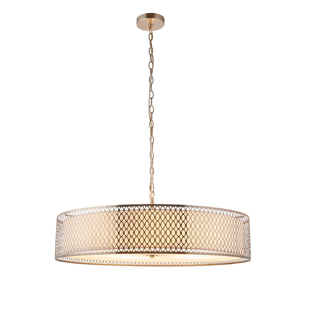Rosaline 5-light nickel and white pendant with a drum shade featuring metal fretwork, fabric lining, and frosted glass diffuser on a chain.