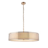 Rosaline 5-light nickel and white pendant with a drum shade featuring metal fretwork, fabric lining, and frosted glass diffuser on a chain.