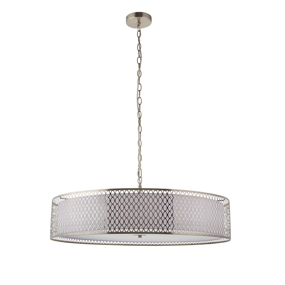 Rosaline 5-light pendant in nickel and white with a circular drum shade, geometric metal fretwork, fabric inner, and frosted glass diffuser.