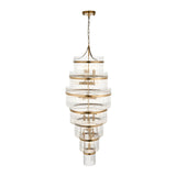 Endon Beaumont 21 light chandelier in antique brass with multiple tiered rings of clear glass rods, suspended from a chain on a plain white background.