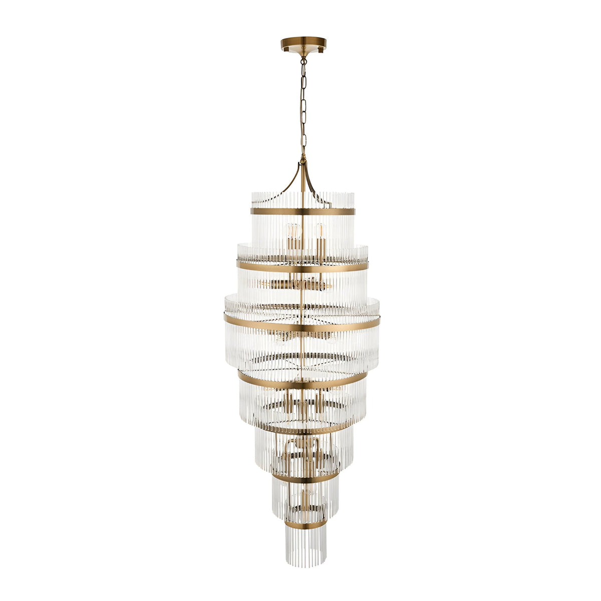 Endon Beaumont 21 light chandelier in antique brass with multi-tiered clear glass rod design, suspended from chain on a plain white background.