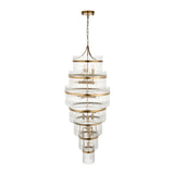 Endon Beaumont 21 light chandelier in antique brass with multi-tiered clear glass rod design, suspended from chain on a plain white background.
