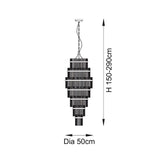 Dimension diagram of the Endon Beaumont 21 light chandelier showing a tiered columnar form with height 150-290cm and 50cm diameter.