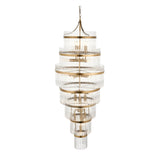 Endon Beaumont 21 light chandelier in antique brass with multiple tiered rings of clear glass rods, suspended from a chain on a plain background.