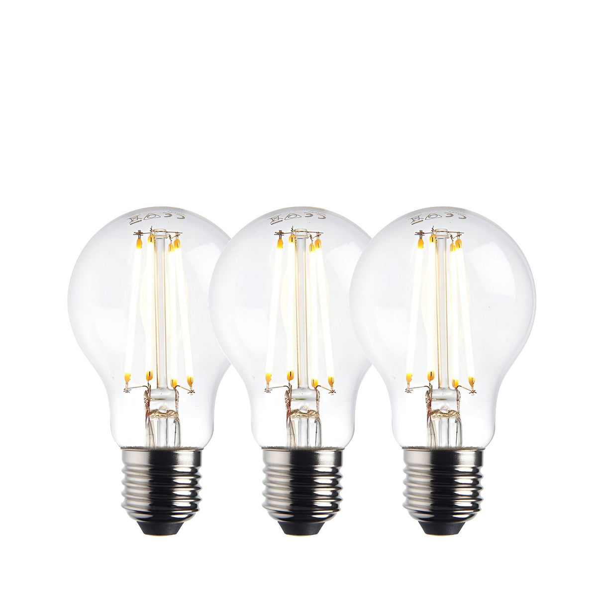 Endon 8W E27 LED filament GLS bulbs in warm white, shown as a three-pack of clear glass rounded bulbs with visible filaments and Edison screw caps.