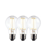 Endon 8W E27 LED filament GLS bulbs in warm white, shown as a three-pack of clear glass rounded bulbs with visible filaments and Edison screw caps.