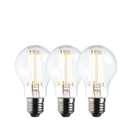 Endon 8W E27 LED filament GLS bulbs in warm white, shown as a three-pack of clear glass rounded bulbs with visible filaments and Edison screw caps.