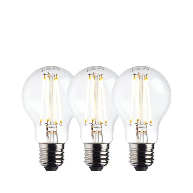 Endon 8W E27 LED filament GLS bulbs in warm white, shown as a three-pack of clear glass rounded bulbs with visible filaments and Edison screw caps.