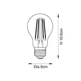 Endon 8W E27 LED filament GLS bulb dimensions diagram showing 10.6cm height and 6cm diameter with visible filaments and Edison screw cap.