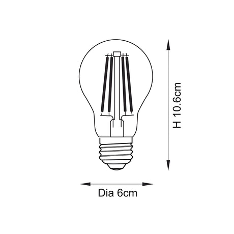 Endon 8W E27 LED filament GLS bulb dimensions diagram showing 10.6cm height and 6cm diameter with visible filaments and Edison screw cap.