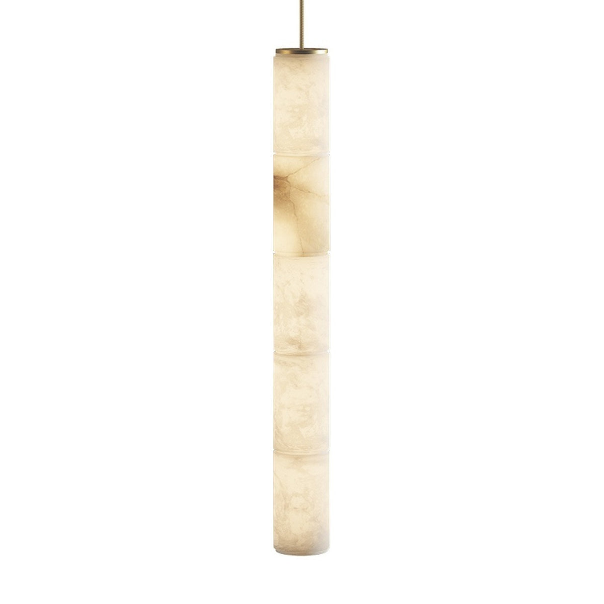 Boreal LED 5 Light Cylinder Alabaster Multi Pendant Light, a tall slim column of five stacked alabaster cylinders with a gold cap and ceiling canopy, shown on a plain white background.