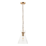 Endon Brenbury pendant light in brushed brass with a clear tapered glass shade, exposed E27 bulb and chain suspension on a plain white background.