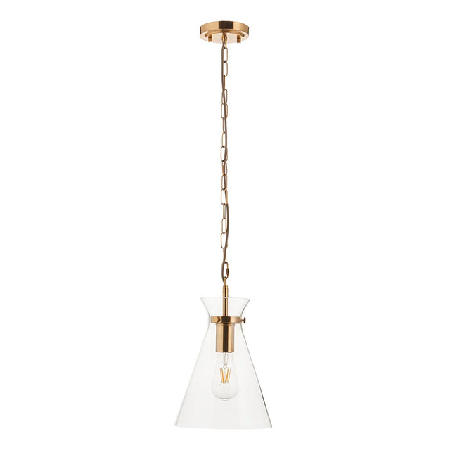 Endon Brenbury pendant light in brushed brass with a clear tapered glass shade, exposed E27 bulb and chain suspension on a plain white background.