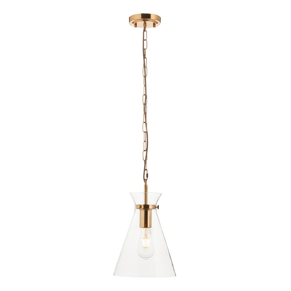Endon Brenbury single-light pendant with brushed brass ceiling plate, chain suspension and clear tapered glass shade over an exposed E27 bulb.