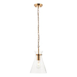 Endon Brenbury single-light pendant with brushed brass ceiling plate, chain suspension and clear tapered glass shade over an exposed E27 bulb.