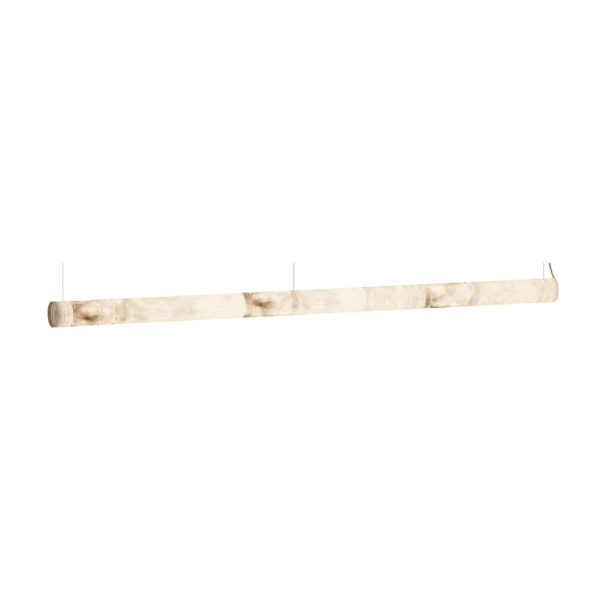 Bowie LED Alabaster Linear Pendant Light, a long slim cylindrical fixture with sectioned alabaster body and capped ends, suspended from thin cables against a plain white background.