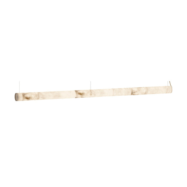Bowie LED Alabaster Linear Pendant Light, a long slim cylindrical fixture with sectioned alabaster body and capped ends, suspended from thin cables against a plain white background.