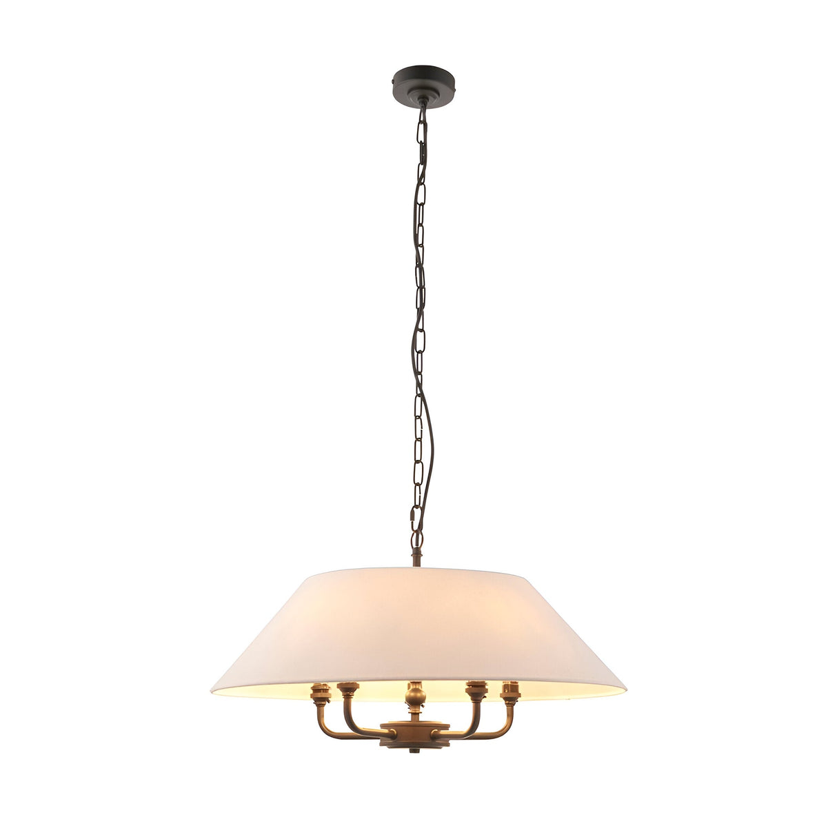 Endon Caldmere 5 light pendant with a wide tapered natural linen shade and black chain suspension, shown against a plain white background.