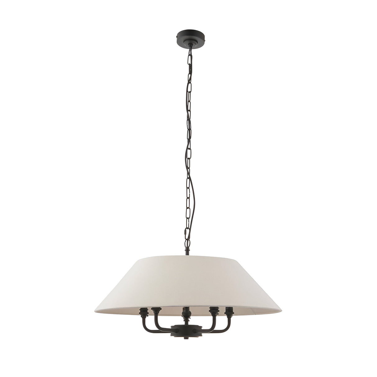 Endon Caldmere 5 light pendant with a wide tapered natural linen shade on a matt black five-arm frame and chain suspension, shown on white.
