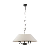 Endon Caldmere 5 light pendant with a wide tapered natural linen shade on a matt black five-arm frame and chain suspension, shown on white.
