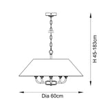 Dimension diagram of the Endon Caldmere 5 Light Pendant showing a 60cm diameter shade and an adjustable drop height of 45 to 183cm.