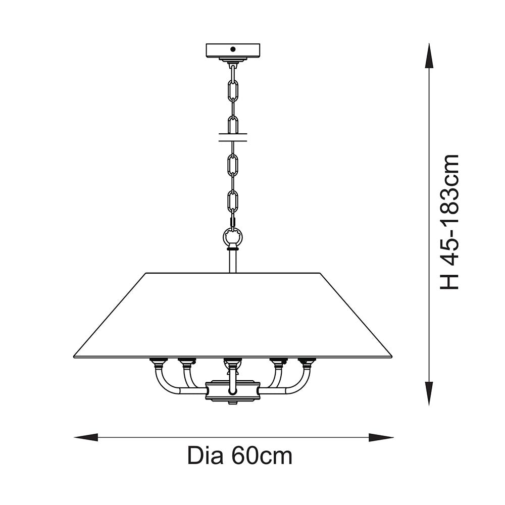 Technical line drawing of the Caldmere 5 Light Pendant in brass, showing chain suspension, adjustable height 45-183cm and 60cm diameter shade.