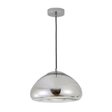 The Gulf Glass Pendant Light - Silver features a shiny chrome finish and hangs by a black cord with a round mount, adding sleek modern style to your space.