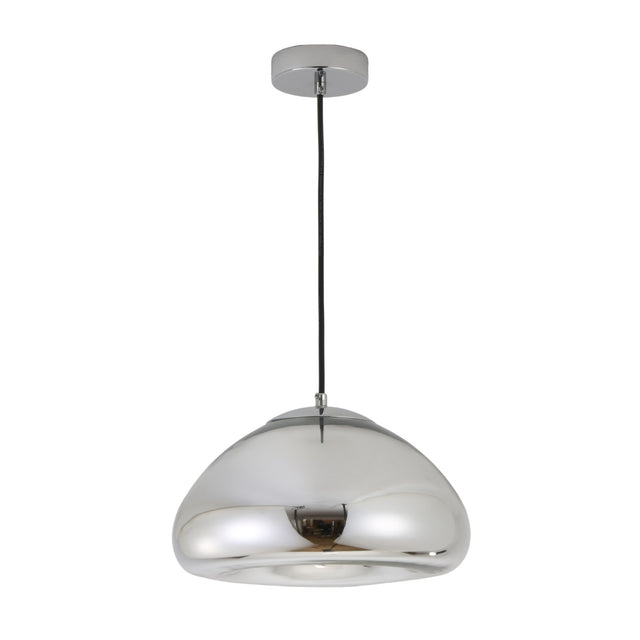 The Gulf Glass Pendant Light - Silver features a shiny chrome finish and hangs by a black cord with a round mount, adding sleek modern style to your space.
