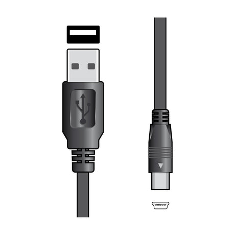AV:Link USB 2.0 Type A to Mini B 5-pin cable in black, showing both connectors and port shape on a plain white background.