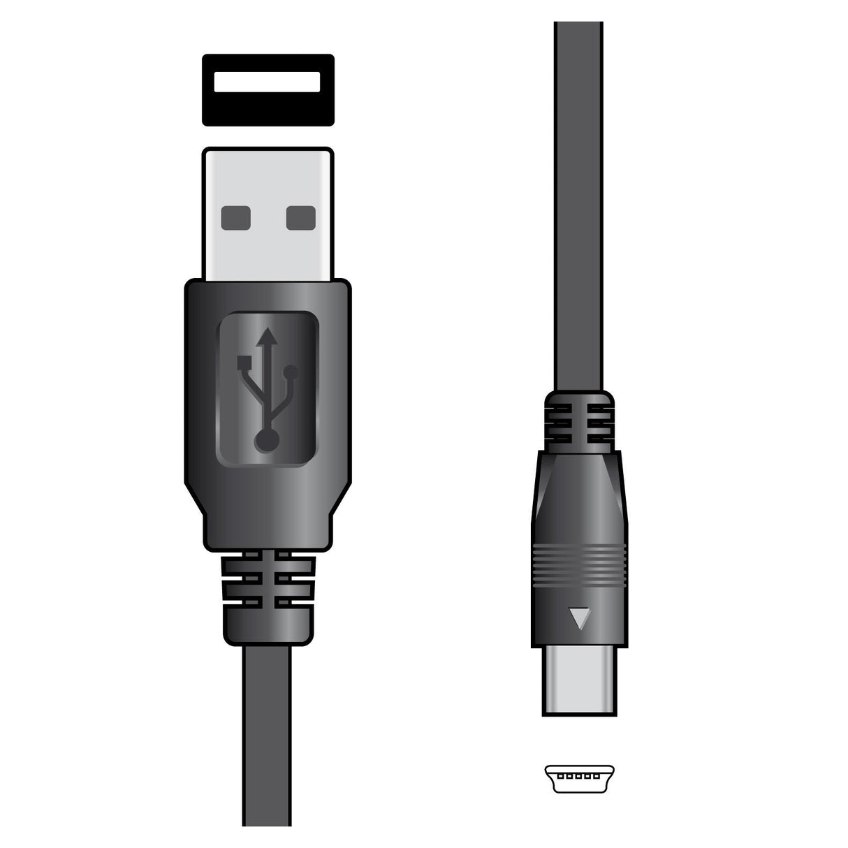 Illustration of two types of cables: an AV:Link USB 2.0 A Plug To Mini B 5pin Plug Lead on the left and a USB Type-C charging cable on the right. Both feature black connectors with visible detail, emphasizing their distinct shapes and showcasing compatibility with digital cameras.
