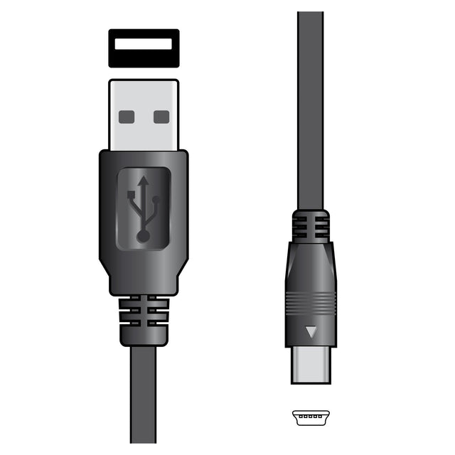 Illustration of two types of cables: an AV:Link USB 2.0 A Plug To Mini B 5pin Plug Lead on the left and a USB Type-C charging cable on the right. Both feature black connectors with visible detail, emphasizing their distinct shapes and showcasing compatibility with digital cameras.