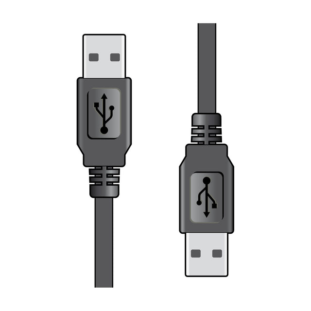 AV:Link USB 2.0 A to A plug lead 1.5m cable by AVSL, shown with two black full-size USB Type A connectors facing each other on a plain white background.