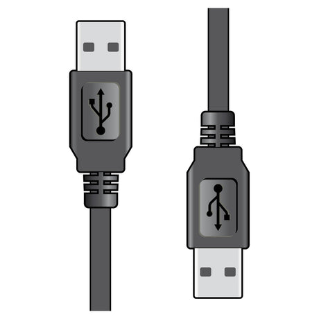 Illustration of two AV:Link USB 2.0 A Plug to A Plug Leads with black connectors and a type A plug. The connectors, showcasing the USB symbol, are positioned horizontally and vertically against a white background, making them ideal for printer connections.