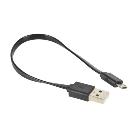 AV:Link 20cm Micro USB flat sync and charge cable in black with USB-A and Micro USB connectors, shown coiled on a plain white background.