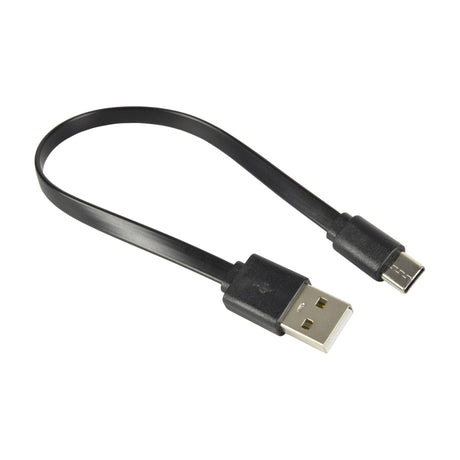 AV:Link 20cm short flat black USB Type-A to Type-C sync and charge cable coiled on a white background.